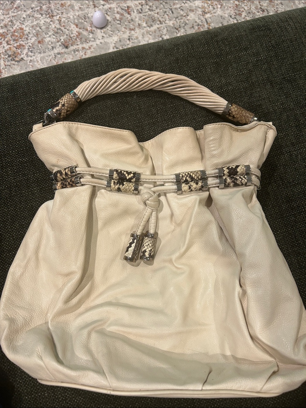 Michael kors Cream Leather Shoulder Bag with Snake-Print Accents